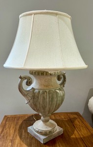 Venetian style urn table lamp with distressed, green and white finish furniture