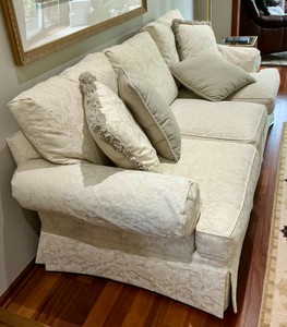 BeigeCream Damask couch with pillows, Hendredon, Custom folio collection furniture&nbsp