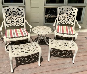 White cast aluminum outdoor bistro set of chairs, stools and side table