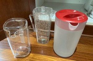 3 water pitchers, plastic, acrylic
