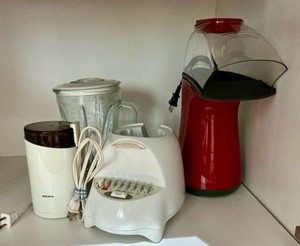 Group of kitchen appliances, hamilton beach blender, krups coffee grinder presto popcorn maker