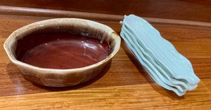 Brown Dripware Pottery casserole and Japan corn cob holders dishes