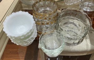 Various EAPG milk glass and clear glass, ramekin, Pyrex bowls, gold rimmed