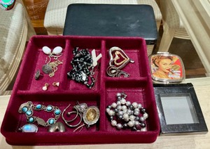 Misc jewelry, costume and 925 sterling silver bracelet Earrings Rosary Compact