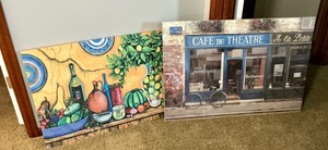 1 canvas artwork, Cafe du theatre and 1 Fruit and Wine on board print.