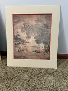Vintage framed print of the Chinese painting Homeward Oxherds in wind and rain by Li Di