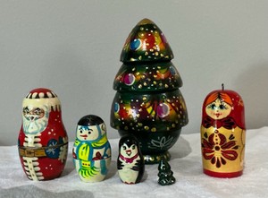 Group of wood Christmas nesting dolls, Russian wood figure ornament