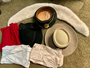 Group of various Straw, Felt Boater hats, clothes, fur, slips