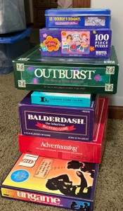 Group of puzzles and games, Dominoes, outburst, balderdash, childrens games