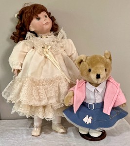 Pair of porcelain doll Elaine Cambell 1991, Bear with poodle dress