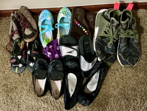 Group of various pairs of shoes, childs, adults Adidds