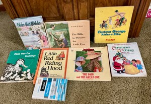 Group of childrens books, Curious George, Christmas, The Bible