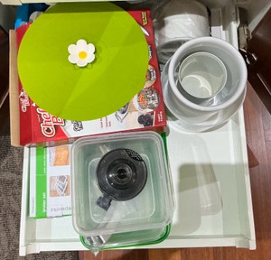Misc kitchen items, crocks, tupperware and more