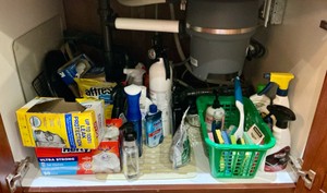 Misc cleaners, kitchen items, trash bags