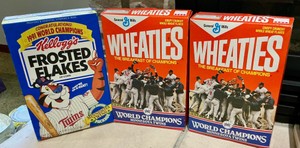 Collection of Commemorative MN Twins 1991 world series championship Kelloggs frosted flakes, General mills Wheaties unopened
