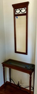Traditional entryway Mirror Table set features a matching wood mahogany finished console table