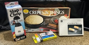 Various housewares, crepe pan, chopper and more