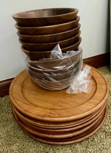 Mid-Century modern teak or walnut wood plates and bowls
