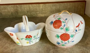 Vintage Japanese porcelain pieces, Lidded bowl, basket