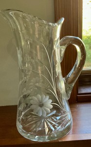 Vintage American brilliant cut glass pitcher, floral etching