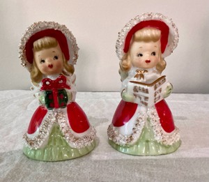 Pair of Lefton Christmas angel porcelain bells with spaghetti trim