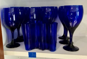 Cobalt blue wine glasses and 3 fluted flower vase made in Finland