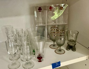 Group of shot glasses, souvenir republic airlines, Holland America and pewter