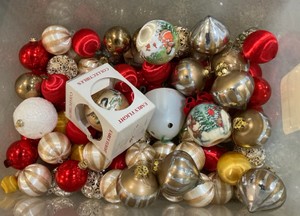 Bin full of christmas ornaments