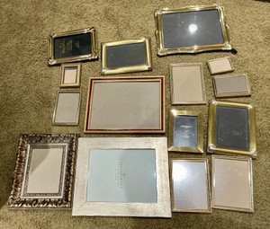 Group of various Desk and wall picture frames, mostly gold toned metal