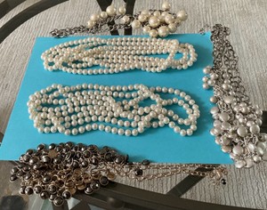 Group of Costume Jewelry Necklaces Pearls Silver Chunky Gold amber faux stones