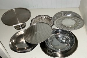 Group Silver Tone Metal and Wilton Pewter Serving Bowls Cake Plate Trays