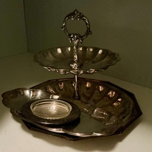 Group Silver Plate and FB Roger 648 Metal 2 Tier Horderves Plate and Serving Sheffield Platter