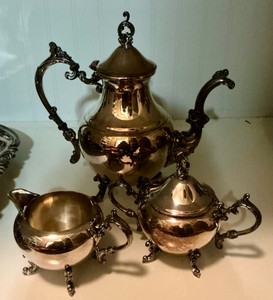 Set Vintage FB Rogers 1960 Silver Plate Tea Pot Cream Sugar Ornate Tarnished