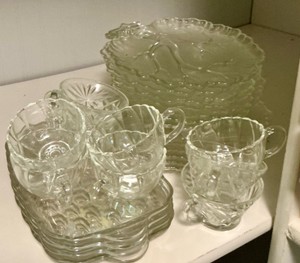 Vintage Pressed Glass Floral and Iridescent Luncheon plates and cups dinner ware