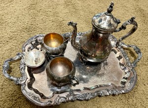 Vintage Rogers Silver Plate Tea Pot Cream Sugar on Ornate FB Rogers 6377 Tray Tarnished creamer top to be repaired
