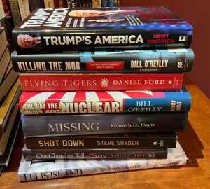 Large Group Books Hard Cover Trump, Killing the Mob, Shot Down, Ellis Island