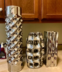 3 Large Geometric Silver Painted Glass Flower Vases