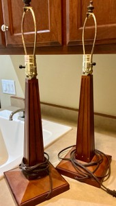 MCM Carved Wood Table Lamps Arts and Crafts Style