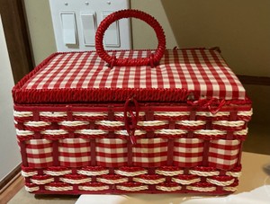 Vintage JC Penny Red Wicker Sewing Basket with Notions, Thread, Needles