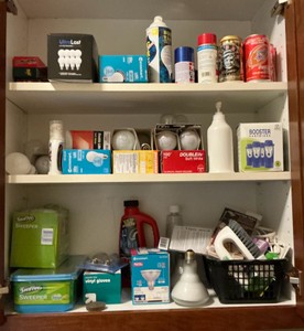 3 Shelves Laundry Detergent, Light Bulbs, Lamps, Cleaning Supplies, Swiffer, Gloves