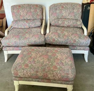 1970s armchair set with ottoman features floral fabric upholstery and wooden feet