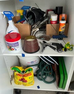 2 shelves misc garden items, golf, grill set