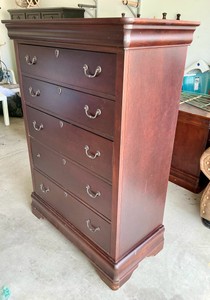 5 drawer wooden Highboy dresser, dark wood finish, curved drawer pulls