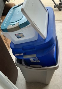 Misc group of empty bins, various sizes, some lids