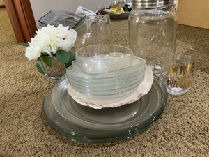 Misc glassware, plates, pitcher, Ball jar with lid