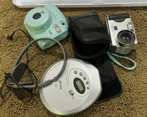 2 cameras, Sony, Instax, discman