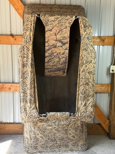 waterfowl layout blind, specifically an ultra-low-profile hunting blind covered in a wetland cornreed camouflage pattern