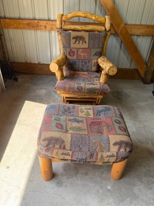 handcrafted rustic log glider chair and matching ottoman set featuring lodge-themed tapestry upholstery
