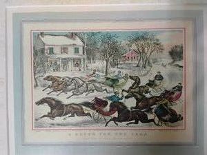Courier and Ives litho print in wood frame
