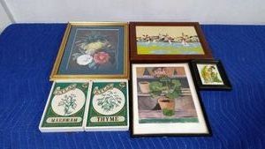 2 Framed prints, 2 framed needle point and 2 spice signs